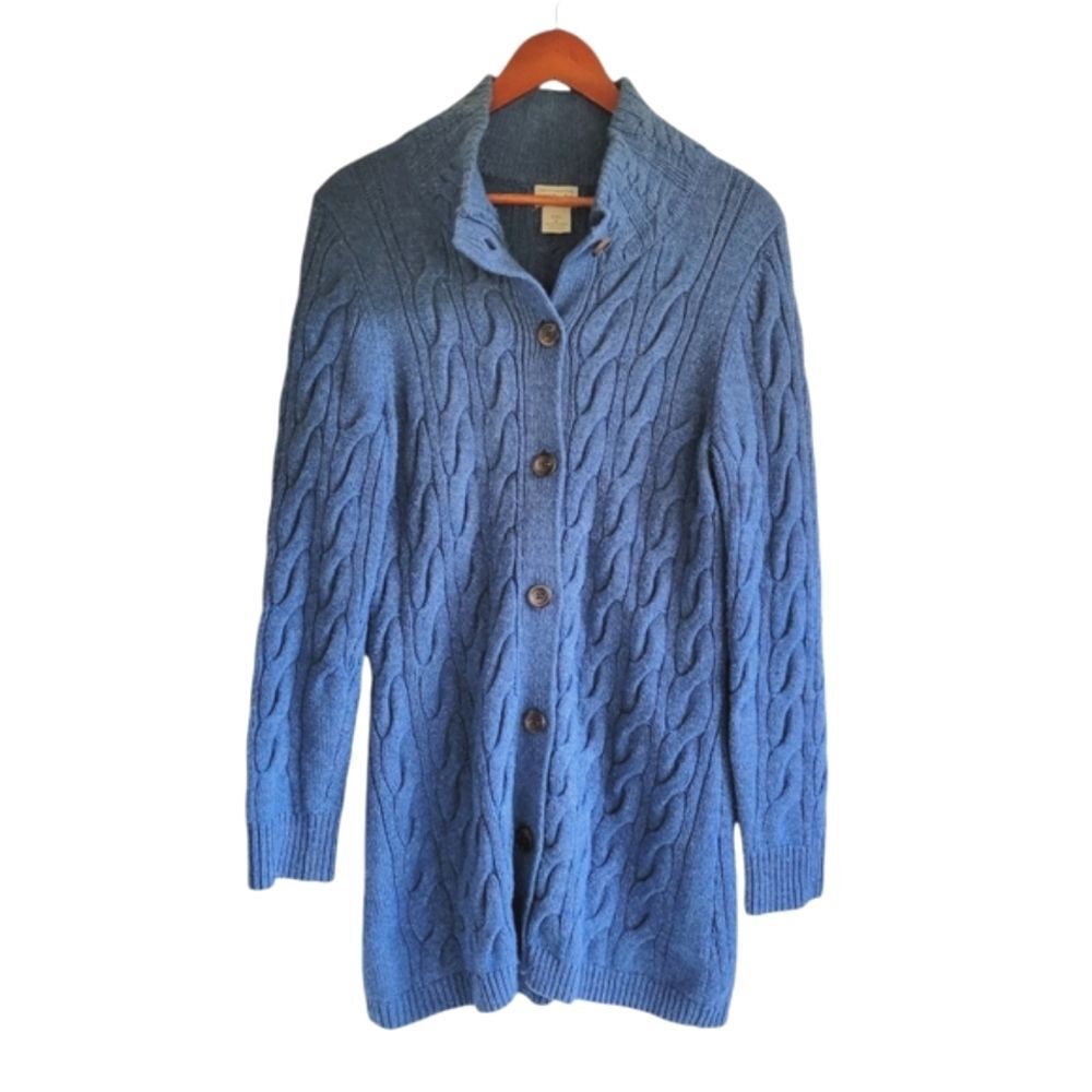 LL Bean Long Cable Knit Wool Cardigan Sweater Blue Women's Medium